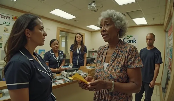 A dramatic, cinematic scene inside a bank with a tense atmosphere. The setting is a small bank branch with beige walls, security cameras and a 'Bank Bank' sign in the background. The shot has a fish-eye lens effect similar to the security camera. In the fo...