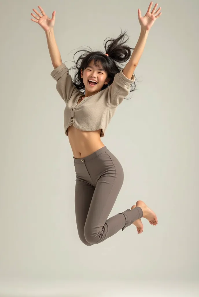 Japanese girl , slightly thick thigh , Cute face , British style top garment , neat bottom clothes that highlight thighs , Raise both arms up. , Jump , High Angle Point of View 