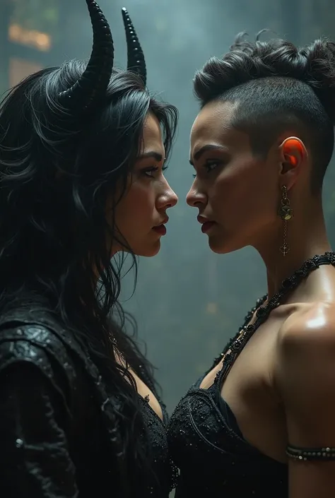 I want you to create a scene, two girls. One with long black hair with horns and the other blonde with short hair (men's cut) muscular. The scene will be with the two of them looking at each other 