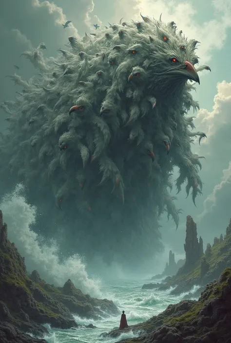 A monstrous entity that flows like a river with thousands of bird heads.