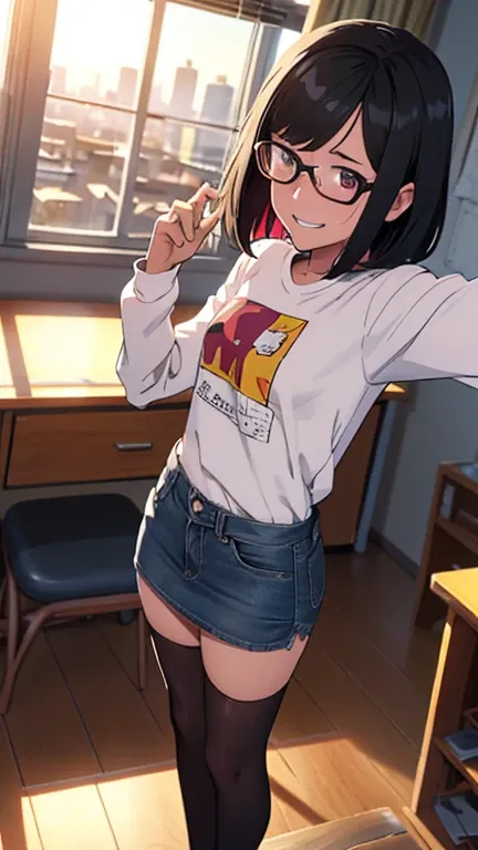 ( Super Flats ,  Flat Shading )， student council president ，  naked，Really blushing，sweat，surely:I came violently :1.2，， standing on the ground is bothered by a low-leg denim miniskirt right in front of me，Colorful Stockings，Long sleeve printed T-shirt ,  ...