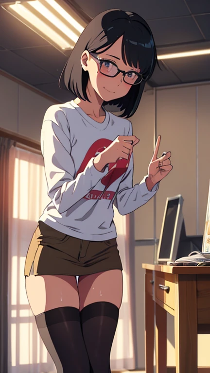 ( Super Flats ,  Flat Shading )， student council president ，  naked，Really blushing，sweat，surely:I came violently :1.2，， standing on the ground is bothered by a low-leg denim miniskirt right in front of me，Colorful Stockings，Long sleeve printed T-shirt ,  ...