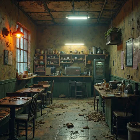 Old coffee shop from the 60s,disgusting,horror, abandoned,  Realistic, 