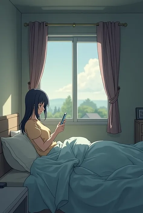 someone is using a cell phone to call someone on the bed, a cartoon by Makoto Shinkai, trending on pixiv, happening, screenshot from a 2012s anime, screenshot from the anime film, screenshot from guro anime, still from tv anime, ( ( makoto shinkai ) ), ani...