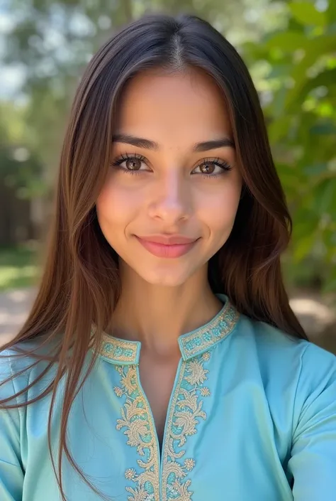 Picture of a 21 y.o girl, uk pakistani, olive skinned, selfie photo, beautiful latina face, gorgeous attractive face, wearing goldenembroidered light blue kurti, 8k uhd, backyard, masterpiece, slight smile, long straight sleek hair, close up, ultra detaile...