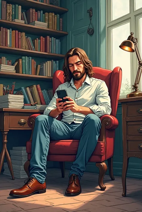 anime style art.Long-haired man with little beard, Caucasian skin and casual wear.The man will be typing on a smartphone.The scenario consists of him sitting in an office armchair having books and papers organized like a writer's office.