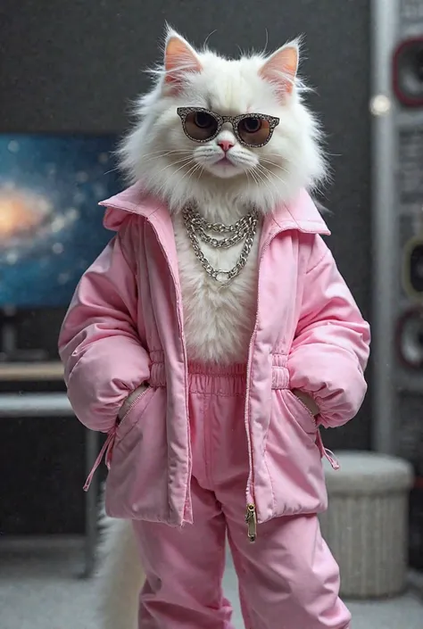 Trendsetter Tina is a stylish white Persian cat with fluffy fur, rocking oversized sunglasses, a statement silver chain, and a pink baggy streetwear outfit. Her high-tech influencer studio features a sleek black-and-gray aesthetic,