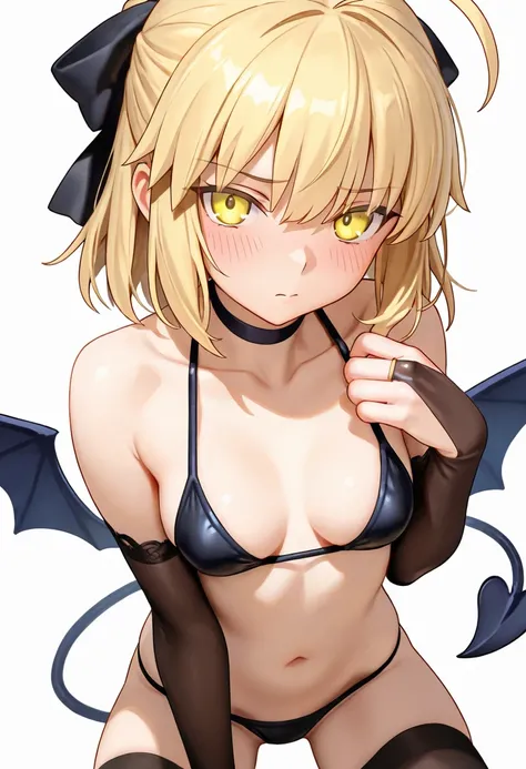 artoria pendragon (fate), 1girl, solo, looking at viewer, blush, short hair, simple background, blonde hair, white background, gloves, navel, bare shoulders, medium breasts, collarbone, yellow eyes, swimsuit, hair ribbon, small breasts, choker, black thigh...