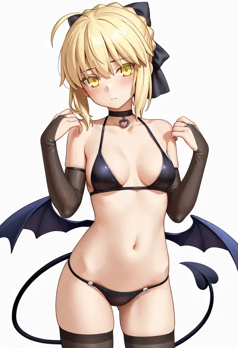 artoria pendragon (fate), 1girl, solo, looking at viewer, blush, short hair, simple background, blonde hair, white background, gloves, navel, bare shoulders, medium breasts, collarbone, yellow eyes, swimsuit, hair ribbon, small breasts, choker, black thigh...