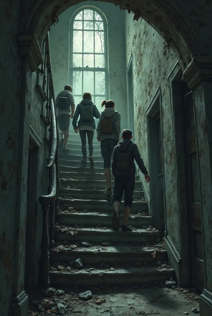 5 students walk up the stairs to the second floor of the haunted house