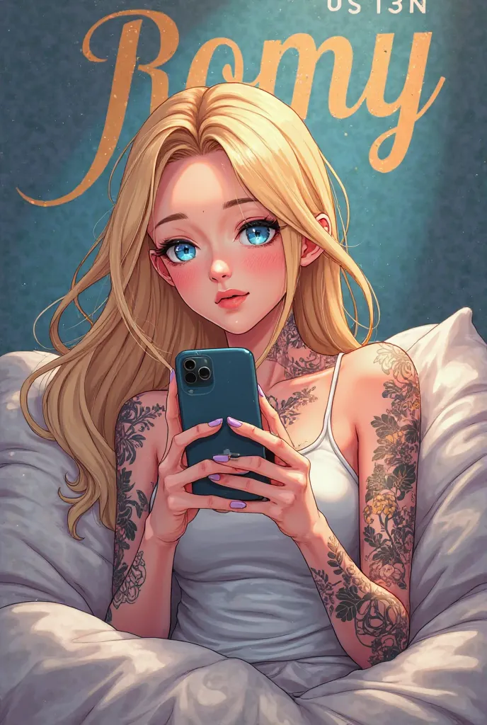 I want an anime logo of a blonde with light blue eyes and sexy tattoos talking on an iPod cell phone in bed that says the name Romy with letters in Spanish in the background 