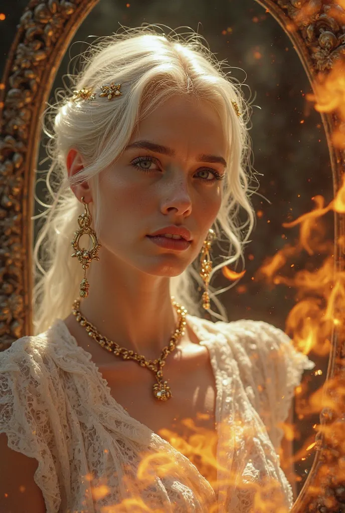 Ultra realistic 8k very real young white-haired woman, golden shell accessories if you look in the mirror and at the reflection instead of your image she sees reflection she sees 3 different women dancing around the fire