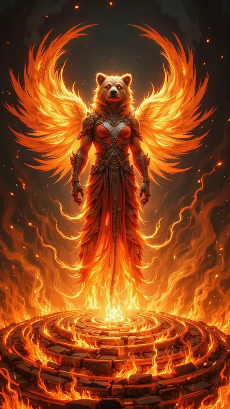 A majestic、Mysterious painting，with fairy-like wings of flame {x}，towering painting，A mysterious anthropomorphic creature surrounded by flames，standing in the center of a swirl of flames，Eyes of a bear burning，flickering naughty light