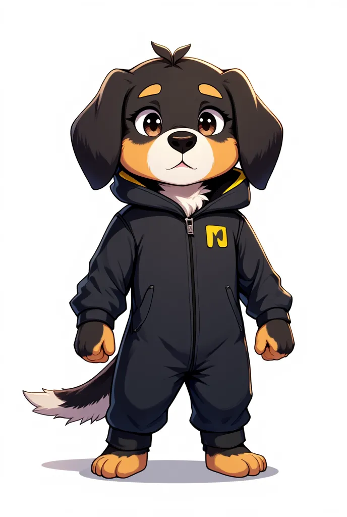 (masterpiece) white background, furry, a black, dark silver, yellow, orange beagle dog with a black sleek minimalistic jumpsuit clothing, the character is the defender of the forest, chibi. full body.