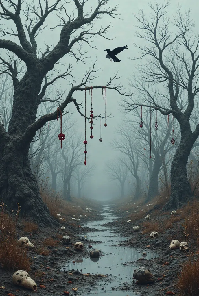 Sure! Here’s a detailed description for your scene:

"A dark, eerie landscape unfolds beneath a cloudy, gray sky. The ground is covered with patches of wet earth and shallow puddles, reflecting the overcast light. In the foreground, twisted, barren trees s...