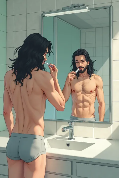 anime style art.Long-haired man with little beard, pele caucasiana.The man will be wearing boxy underwear brushing his teeth in the bathroom,  looking in the mirror.