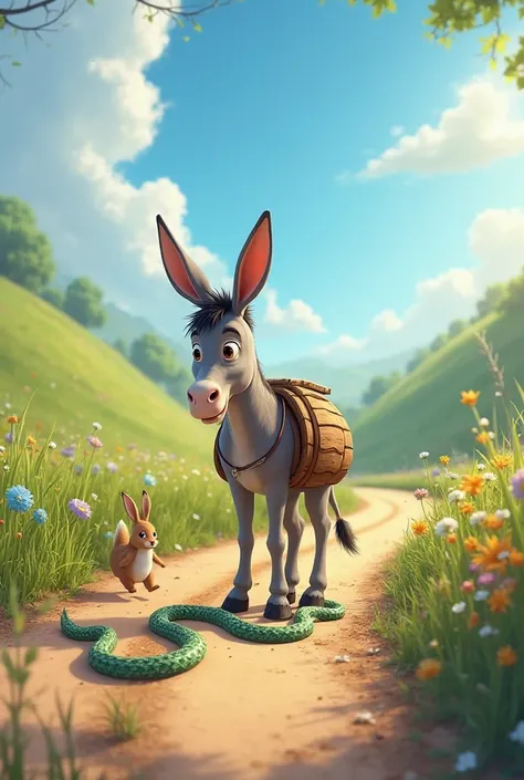 A donkey with a bucket, a snake and a hare on the road