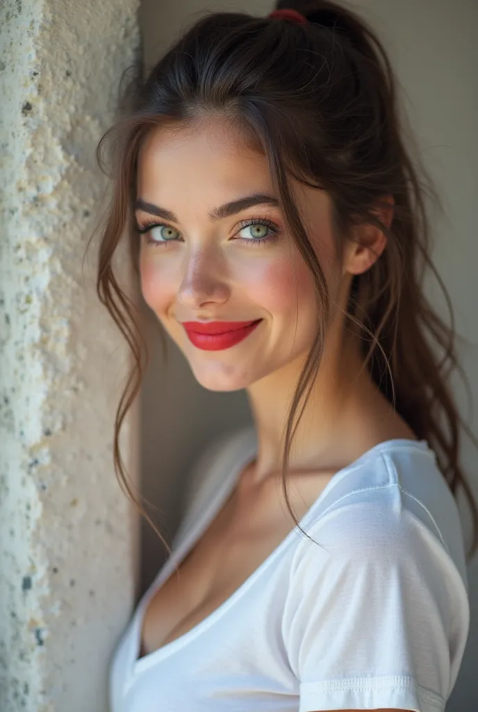 Young smiling woman,  perfect boobs, beautiful woman,beautiful eyes , as a girl, street, natural light, dark brown straight hair ,  ponytail,  blue eyes,  Not suitable for work , as a girl, Perfect, against a wall,  huge boobs,  rests her boobs on the wall...