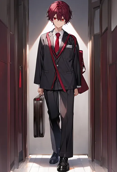  dark red hair ， red eyes，full body，male，school uniforms