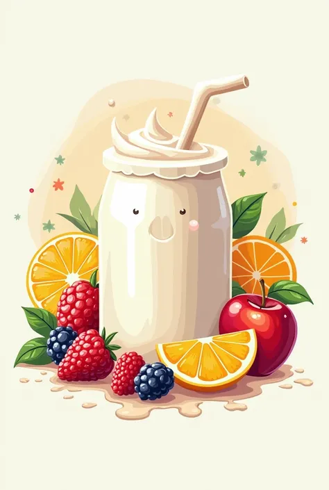 a kefir logo with fruits around it and a sign of health or well-being 