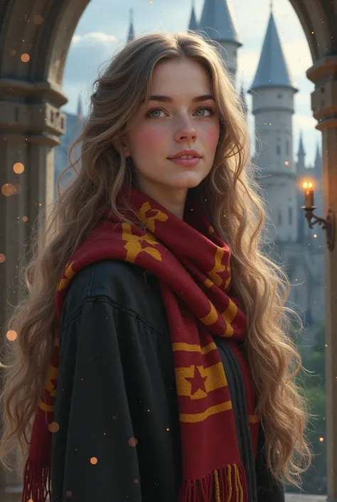  create a pretty girl, In the style of Harry Potter, with the Gryffindor scarf 