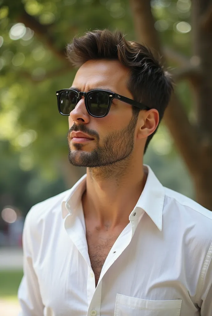 there is a man wearing sunglasses and a white shirt, stefano brunesci, al fresco, trees in the background, attractive and good looking, guillaume tholly, adam, low quality video, portrait!!!!, ludovic plouffe, with a tree in the background, nice weather, i...