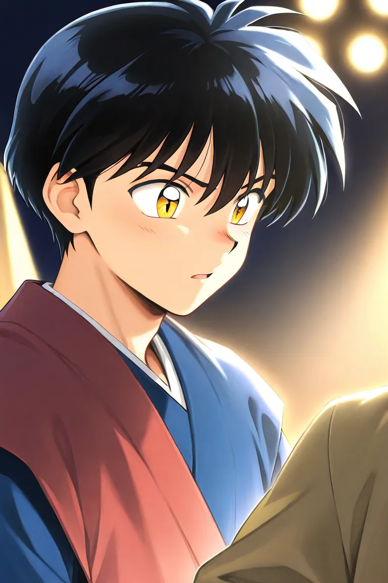 One boy. A tall handsome 18 years old boy with black short hair, light cold golden eyes, wearing blue school uniform. The boy is confident. Inuyasha manga art style. College different emotions. 