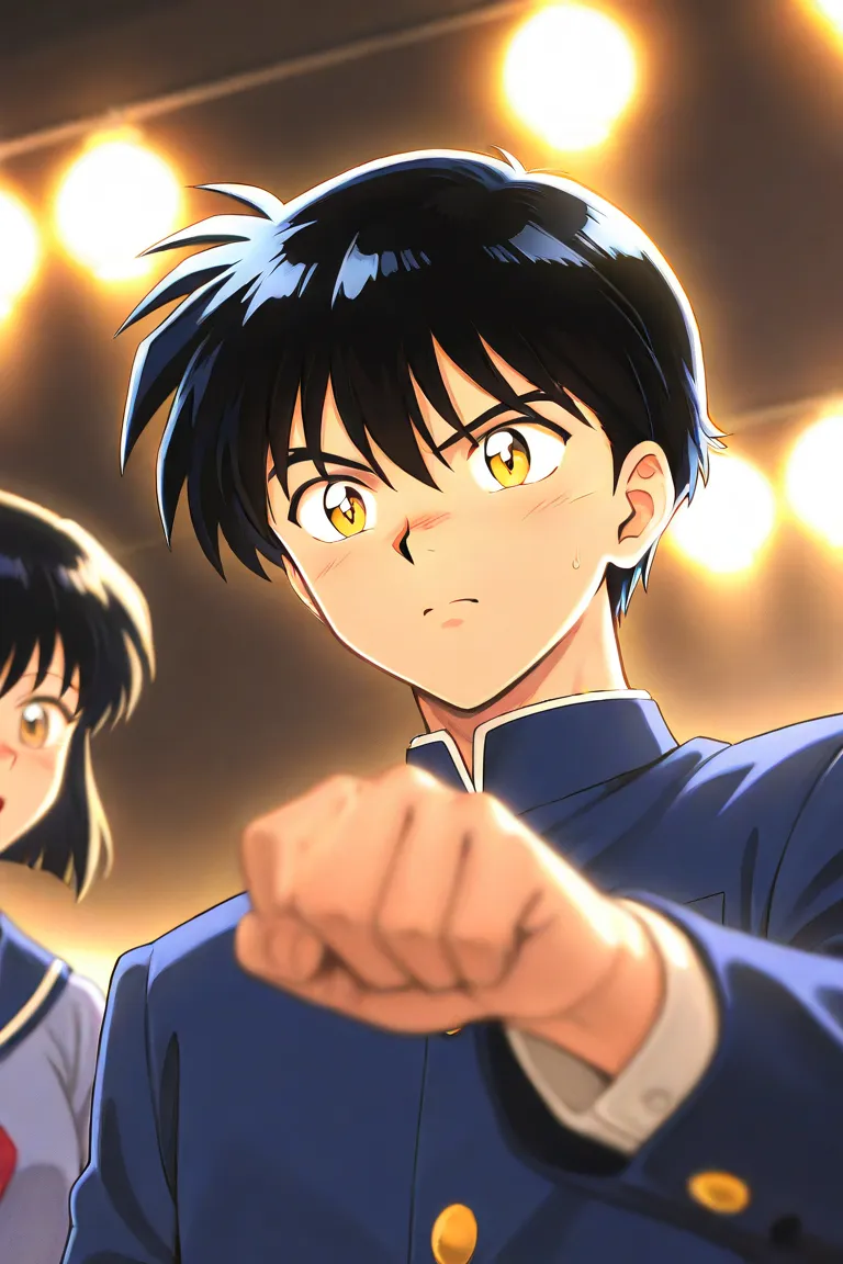 One boy. A tall handsome 18 years old boy with black short hair, light cold golden eyes, wearing blue school uniform. The boy is confident. Inuyasha manga art style. College different emotions. 