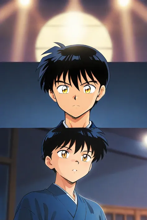 One boy. A tall handsome 18 years old boy with black short hair, light cold golden eyes, wearing blue school uniform. The boy is confident. Inuyasha manga art style. College different emotions. 