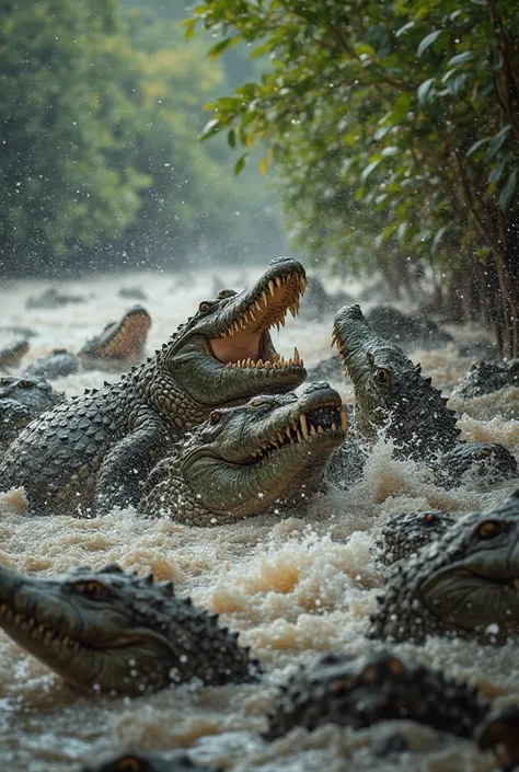 (Footage of a dense crocodile population in a river, competing for food.)