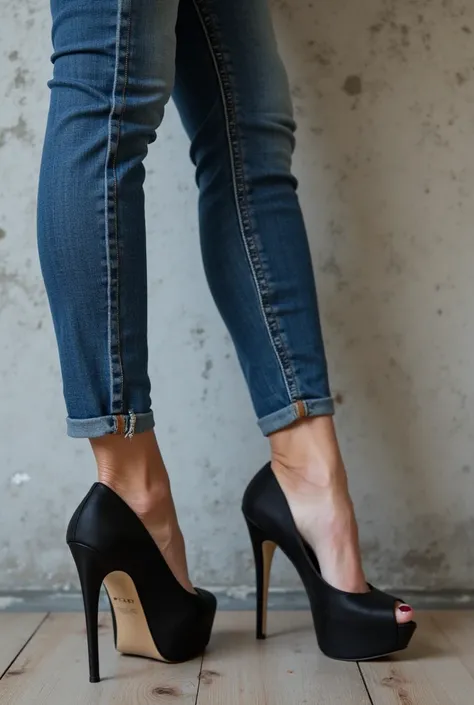 Sexy legs, blue jeans, black high heels pumps, againts a wall, close up heels 