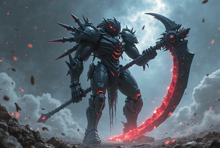 A futuristic, biomechanical warrior with a sleek, black exoskeleton stands under a cosmic sky, wielding a massive scythe with a segmented, glowing red blade. Its sharp, angular armor is adorned with intricate mechanical details, while multiple spiked appen...