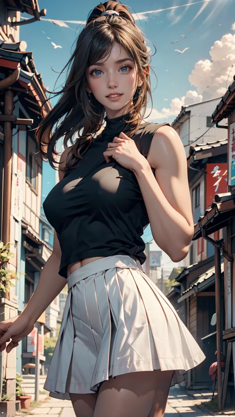 fitted high neck sleeveless(tiny tee), torpedo boobs ponytail,  Japanese girls, 8k, Legal Photography, top quality made of straw,  masterpiece, realistic, Super detailed , one girl, cute, 最高のsmile, beautiful eyes,  long hair,  perfect facial features ,micr...