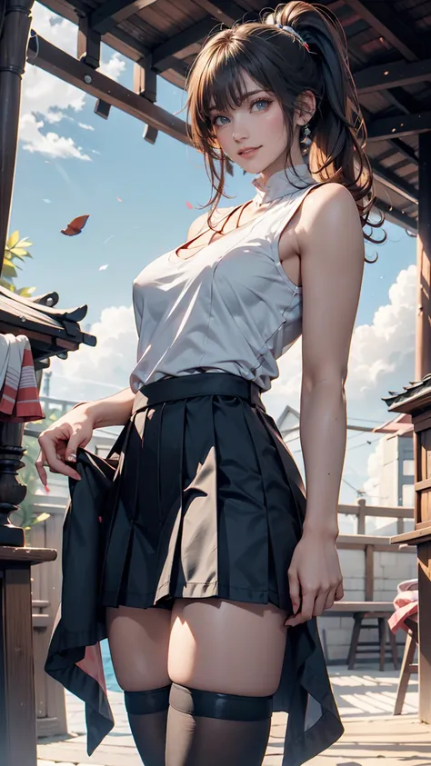 fitted high neck sleeveless(tiny tee), torpedo boobs ponytail,  Japanese girls, 8k, Legal Photography, top quality made of straw,  masterpiece, realistic, Super detailed , one girl, cute, 最高のsmile, beautiful eyes,  long hair,  perfect facial features ,micr...