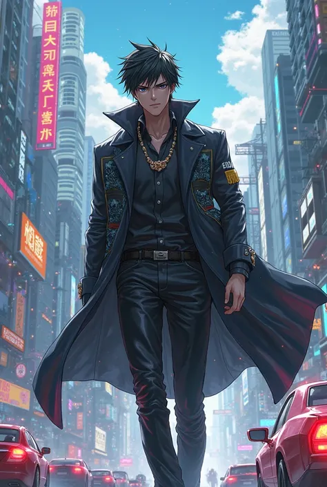 Make me a male anime character who is wearing a coat in a tech city 