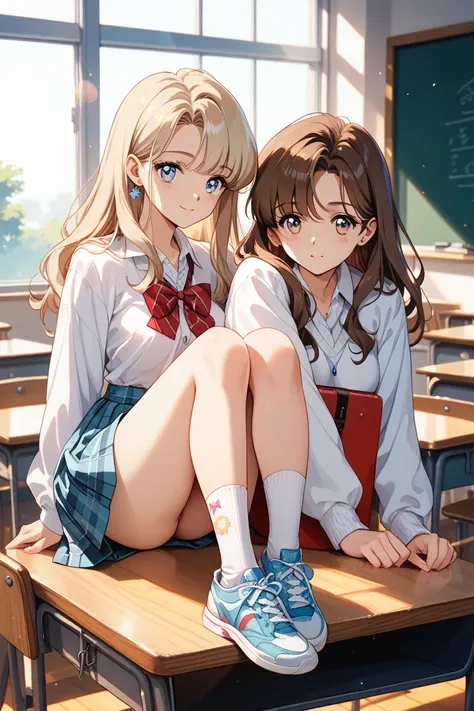 A highly detailed and artistic photo of two young women in a nostalgic Japanese classroom. They are wearing cozy, pastel-colored sweaters and plaid skirts, paired with knee-high socks and sneakers. One girl has light blonde hair, while the other has chestn...