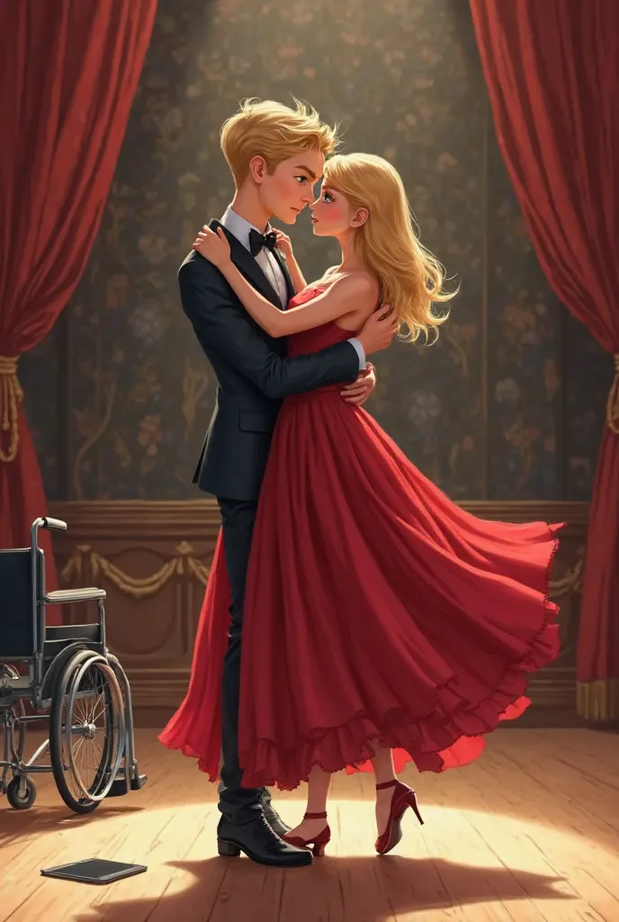 an 18-year-old boy with blonde hair and green eyes, and a 23-year-old girl with blonde hair and blue eyes. The boy is wearing a suit and the girl is wearing a red gown. They are on a stage in the Palais Garnier. The girl is paralyzed and the boy is helping...