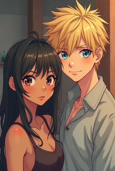 two people, Ximena a Mexican woman with brown skin,  black hair and brown eyes, Mateo Argentino with burned skin,  blue eyes and blond hair , Cute anime style and that both of you are looking straight ahead 