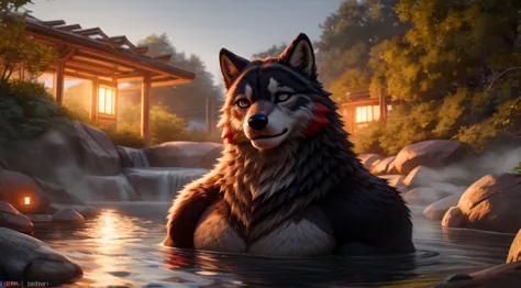 Creates a fat, red male anthropomorphic wolf in a hot spring.