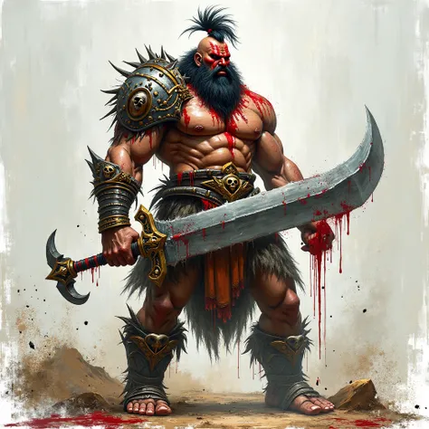 "A powerful and muscular human warrior, clad in rugged armor adorned with skull and tribal markings. His battle-worn skin is covered in scars and blue war paint. He wields a massive, jagged sword dripping with the remnants of his enemies. His fierce expres...