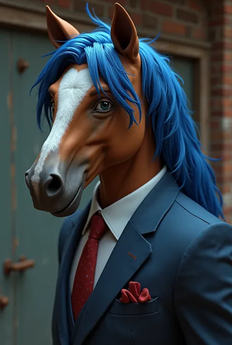 Boljack Herseman, Netflix  ,  with blue hair, Like in real life,  maximum resolution ,   super quality,  Ray Tracing , profile, Media, looking at the camera, posing, laughing,  super realistic, Your skin color is brown, horse face, boljack horseman,  weari...