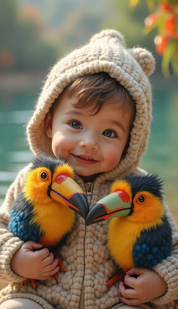 A cute ultra-realistic baby dressed in clothes holding 2 furry toucans small cute ultra realistic . The background is blurry with a lake and colorful things behind it