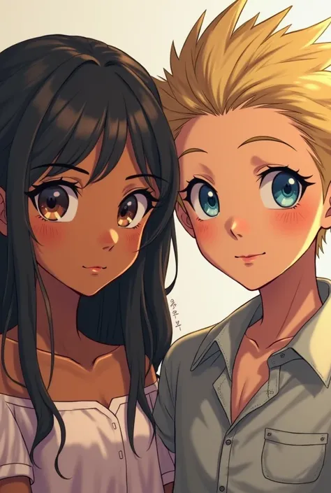 two people, Ximena a Mexican woman with brown skin,  black hair and brown eyes, Mateo Argentino with burned skin, blue eyes and blond hair with slightly tidy hair, cute anime style and that both of them are looking straight ahead 