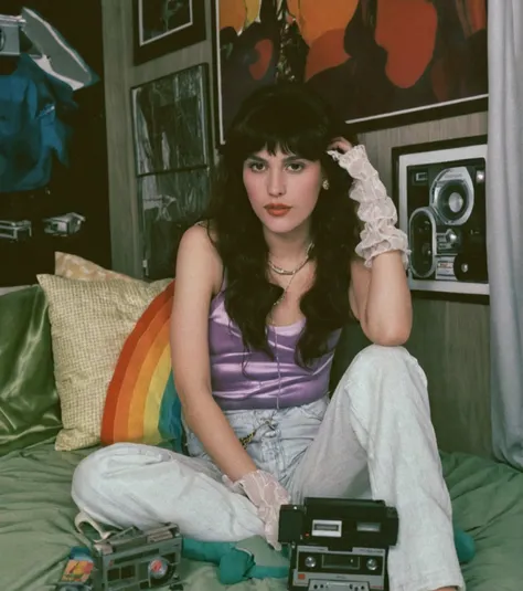 araffe woman sitting on a bed with a camera and a cassette player, 80s vibe, 1980s aesthetic