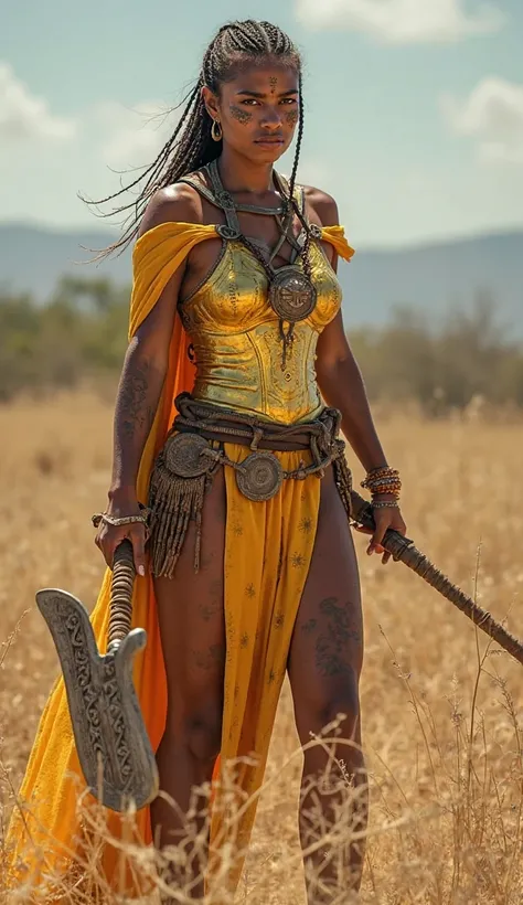 A female warrior from Piauí, standing in the dry landscape of the Sertão. His golden armor, inspired by the state flag, shines in the bright sunlight. She wields a heavy battle axe, her muscular body scarred from battle, her intense eyes scanning the battl...