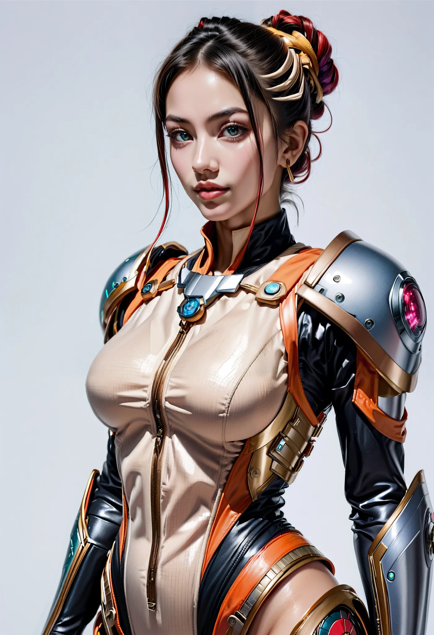 (high quality), (masterpiece), (detailed), 8K, Hyper-realistic painting of a young Indonesian woman wearing a futuristic suit that blends traditional patterns and vibrant colors, showcasing the rich heritage of Indonesia. She stands confidently in a dynami...