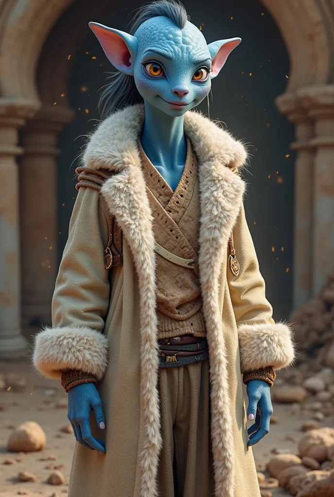 I want an avatar(The ones in the movie,  that are blue ) coat that is warm and wearing comfortable clothes, That he has a pimp and a warm beige light brown coat, Let your height be measured 