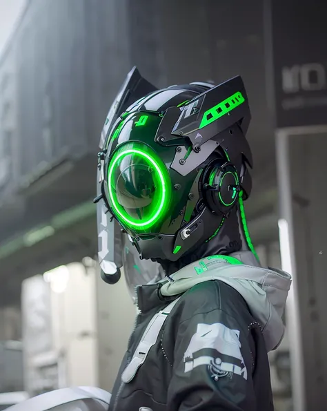 (original: 1.2), masterpiece, best quality, a close up of a futuristic looking cyborg man with  a black cyberhelmet head with white hair and green circle led and a metal design on it and a Holographic halo, wearing a black and white and green techwear jack...