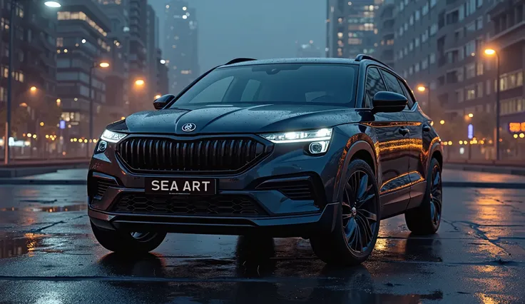 Create a photo of a beige 2025 skoda kylaq in black   , with a background of buildings in the distance and at night and that on the license plate holder says "SEA ART" with capital letters