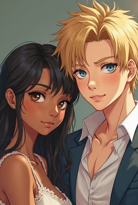 two people, Ximena a Mexican woman with brown skin,  black hair and brown eyes, Mateo Argentino with burned skin, blue eyes and blond hair with slightly tidy hair, Cute anime style and that both of you are looking straight ahead 